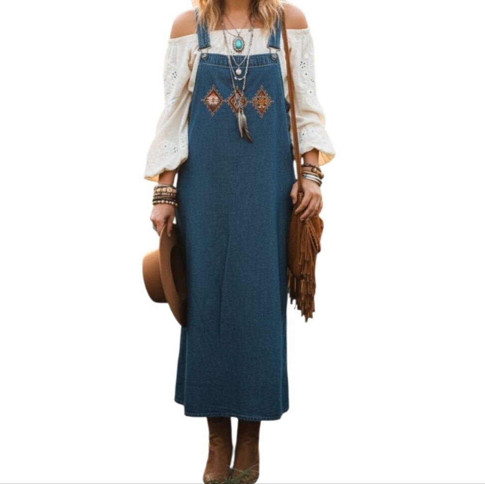 Vintage Bohemian Embroidered Denim Overall Dress Blue/Orange M